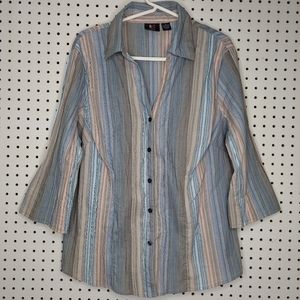 ALC Top Womens 1X Pink Blue Crinkle Texture Stripe Button V-Neck 3/4 Sleeve